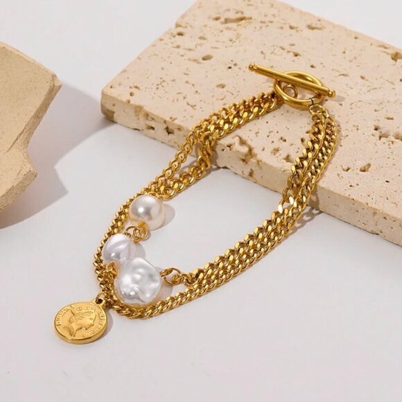 NWT 14K Gold Plated Two Strands Coin Charm Pearl Bracelet 7” - Picture 5 of 13